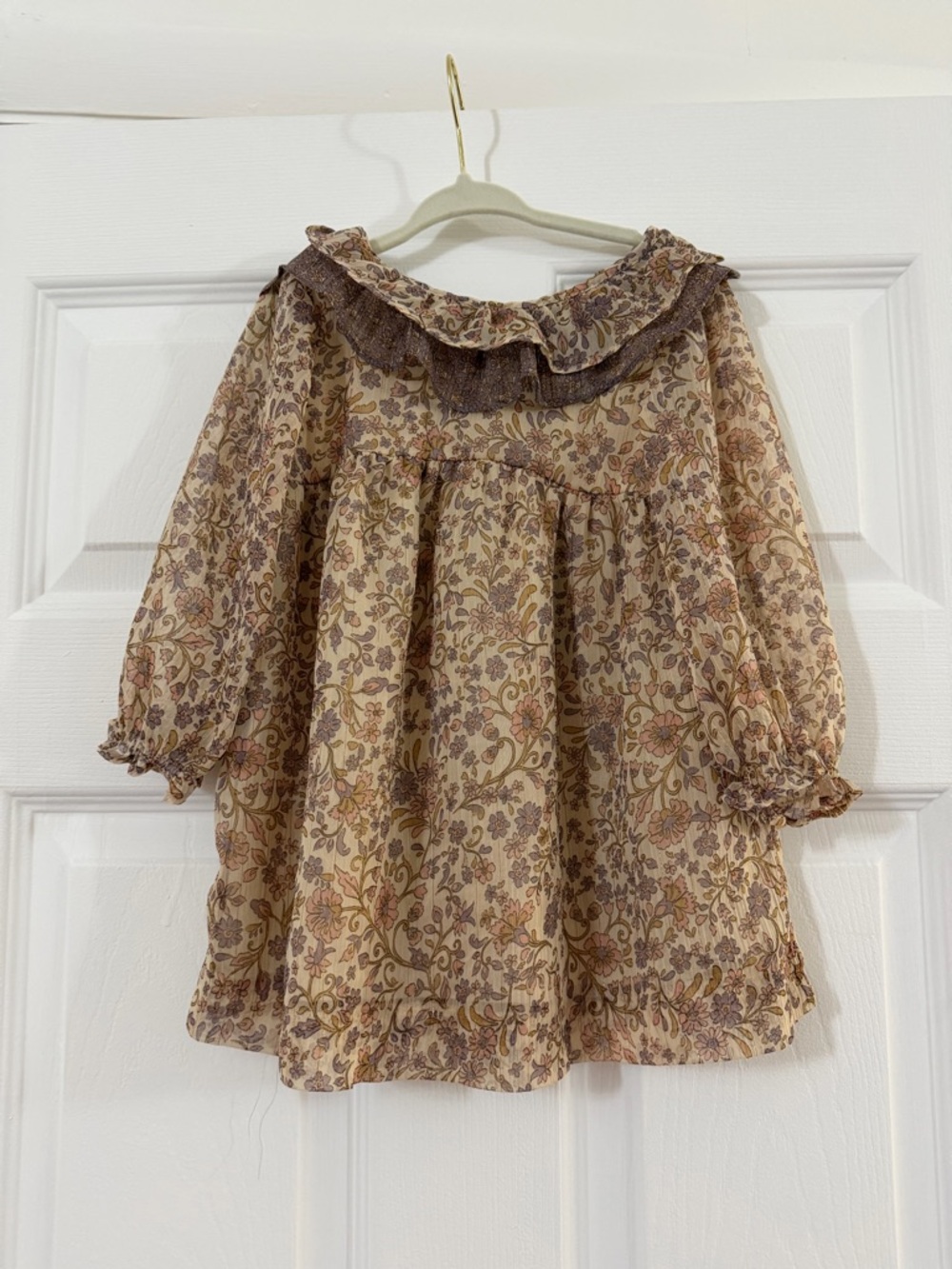 Zara Floral Ruffle Collar Tunic - Beige, Mauve & Purple